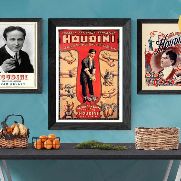 Harry HOUDINI Poster 3 Prints - Vintage magic circus posters, magic show prints victorian ad wall art magician gift living room  wall decor