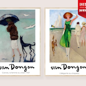 Può includere: Due stampe artistiche incorniciate con dipinti di van Dongen. Uno raffigura una donna con un cane sotto la pioggia, l'altro una donna con un vestito verde su una spiaggia. Il testo "Instant Download" è in alto a destra.