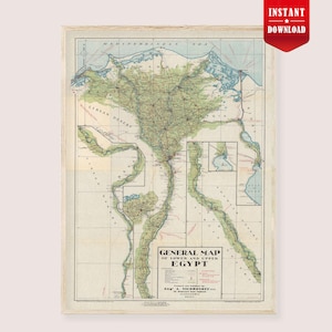May include: A framed vintage map of Egypt, featuring detailed geographical information. The map is in shades of green, brown, and blue, with text indicating the "General Map of Lower and Upper Egypt." The frame is a light brown color, and the image has an "Instant Download" banner.