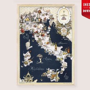 May include: A framed map of Italy, illustrated with food and drink icons. The map is navy blue with beige detailing and includes the text "Carta Gastronomica del Bel Paese." A red banner in the top right corner says "Instant Download."