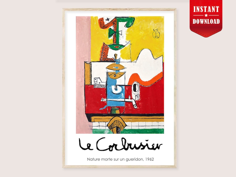 Puede incluir: Una impresi&oacute;n art&iacute;stica enmarcada que presenta una pintura abstracta colorida de Le Corbusier. La obra de arte incluye formas geom&eacute;tricas en rojo, amarillo, azul y blanco, con el nombre del artista y el t&iacute;tulo "Nature morte sur un gueridon, 1962" debajo.