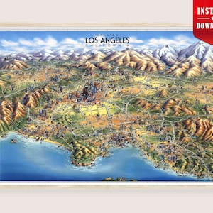 Stampa mappa di Los Angeles digitale - Scarica mappa pittorica LA, poster vintage della costa di Los Angeles, mappa storica della California, stampa retrò, arte murale