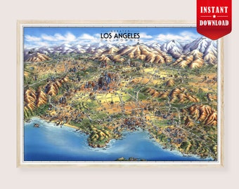 Impresión digital del mapa de Los Ángeles - Descarga del mapa pictórico de Los Ángeles, póster vintage de la costa de Los Ángeles, mapa histórico de California, impresión retro, arte de pared para habitación
