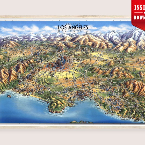 Los Angeles Map Print Digital - Pictorial Map LA Download, Vintage Los Angeles Coast Poster History Map California Retro Print Room Wall Art