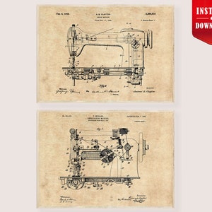 May include: Two vintage sewing machine patent prints. The top print shows a detailed diagram of a sewing machine, with labels and technical drawings. The bottom print shows another sewing machine diagram. Both prints are on a beige background.