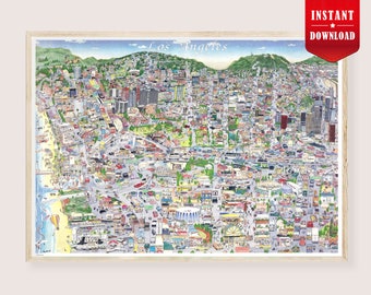 Descarga de cartel de mapa de Los Ángeles - Mapa antiguo de Los Ángeles Impresión digital, Vintage Arte de Los Ángeles Póster Mapa retro Los Ángeles Arte de la pared Decoración