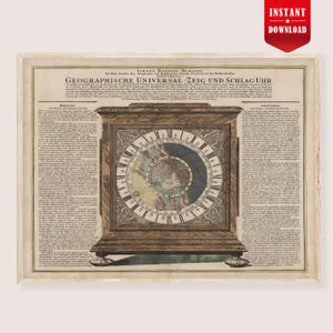Peut inclure: Une impression vintage représentant une illustration détaillée d'une horloge avec un cadran complexe, encadrée dans un cadre en bois. Le cadran de l'horloge affiche des motifs complexes et des chiffres romains. L'impression comprend du texte allemand et est étiquetée "Instant Download."