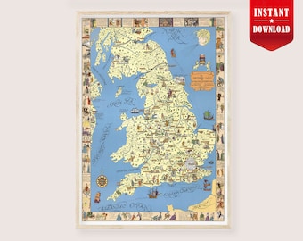 UK Map of English Literature Poster Download - Vintage Map of England Literature Wall Art Print Digital Great Britain Poster Book Lover Gift