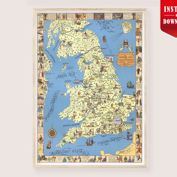 UK Map of English Literature Poster Télécharger - vintage Carte de l’Angleterre Littérature Wall Art Print Digital Great Britain Poster Book Lover Gift