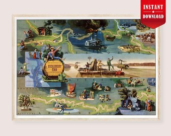 Huckleberry Finn Art Map Digital - Vintage Mark Twain Kids Room Decor Fantasy Map Literature Print Download Literary Poster Huckleberry Finn