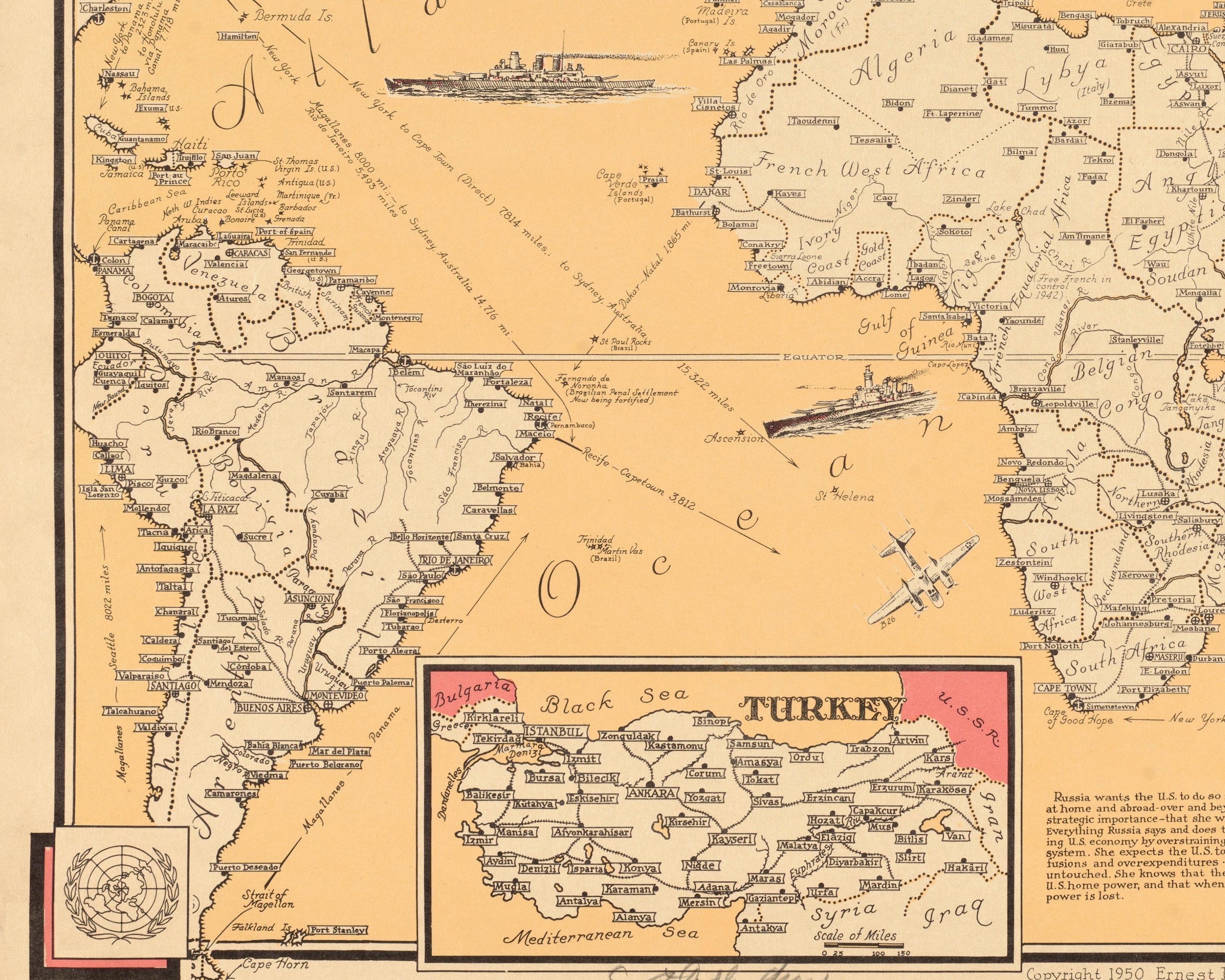 ヴィンテージ 1950 年の世界自由地図壁画 - 古い絵画の世界地図