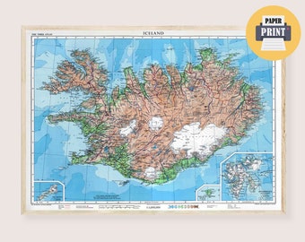 Iceland Map Art Physical Print - Road Map of Iceland Science Poster Retro Iceland Decor Geological Map Islandia Physical Map Iceland