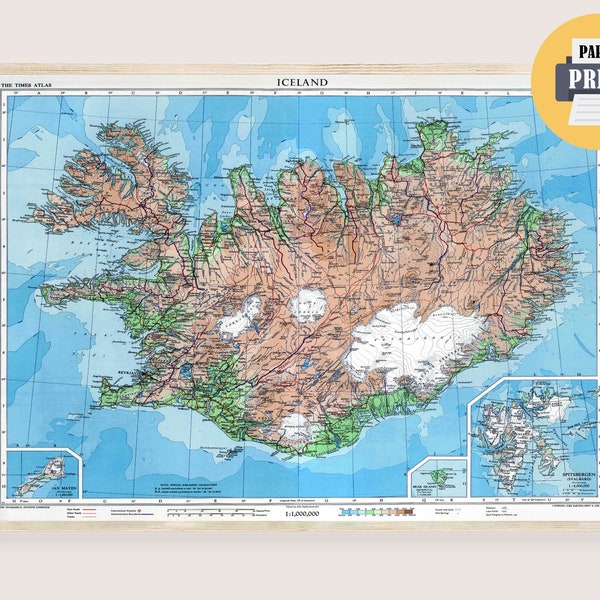 Island Karte Art Physischer Druck - Straßenkarte von Island Wissenschaft Poster Retro Island Decor Geologische Karte Islandia Physische Karte Island