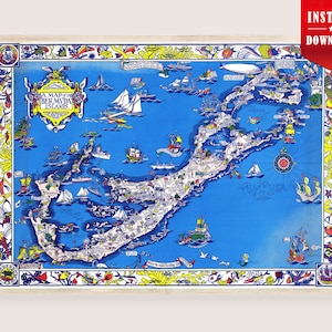 May include: A framed vintage map of Bermuda Islands, featuring a detailed illustration of the islands with various ships and boats on a blue background. The map includes decorative borders and the text "A Map of Bermuda Islands".