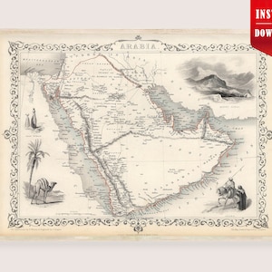 Puede incluir: Mapa antiguo de Arabia, con información geográfica detallada e ilustraciones de camellos, palmeras y figuras a caballo. El mapa está enmarcado con un borde ornamentado e incluye el texto "ARABIA" en la parte superior. La imagen tiene una estética vintage.