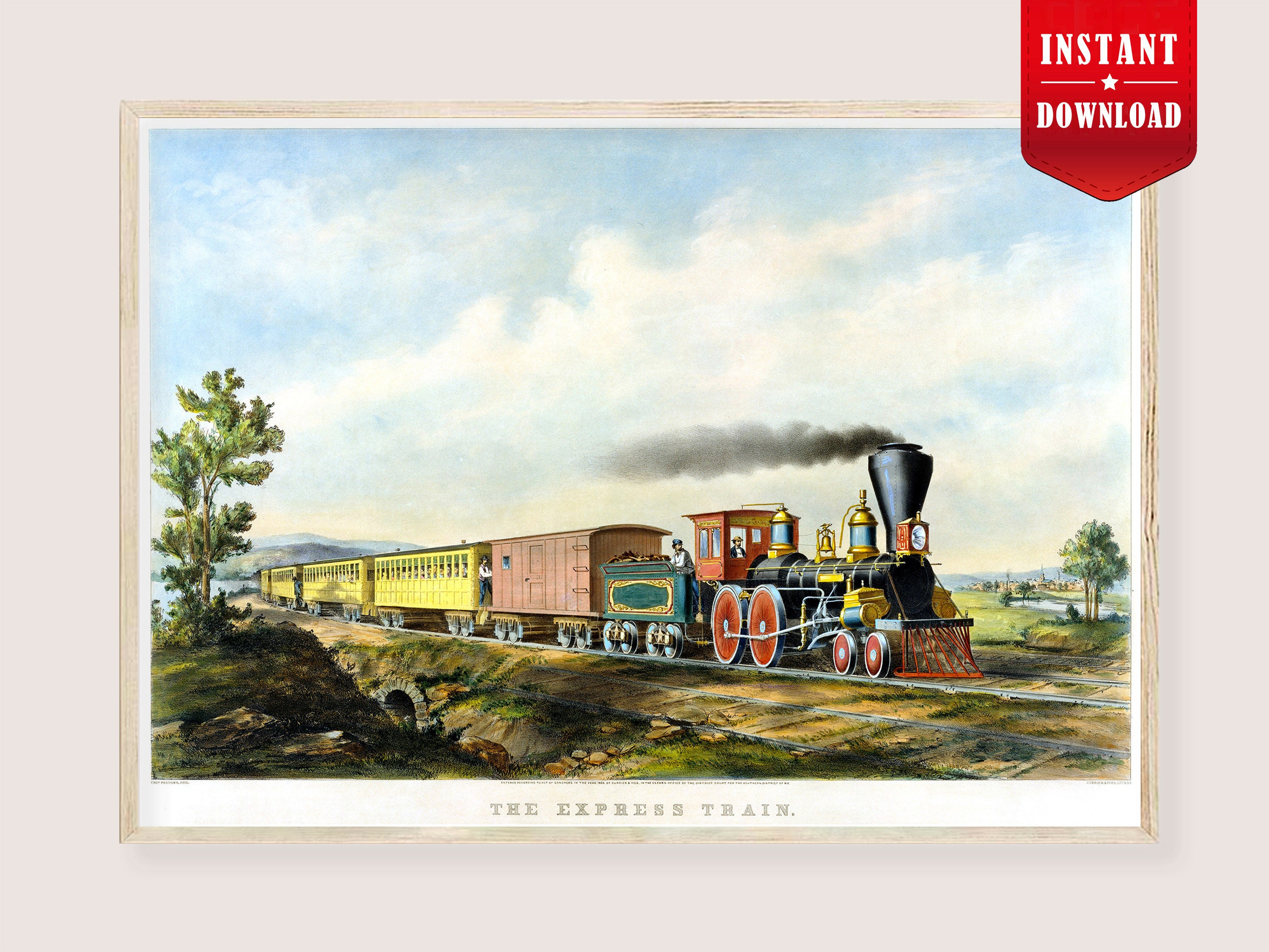 Express Train 1859 Print Vintage Steam Locomotive Railway History