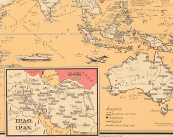 ヴィンテージ 1950 年の世界自由地図壁画 - 古い絵画の世界地図