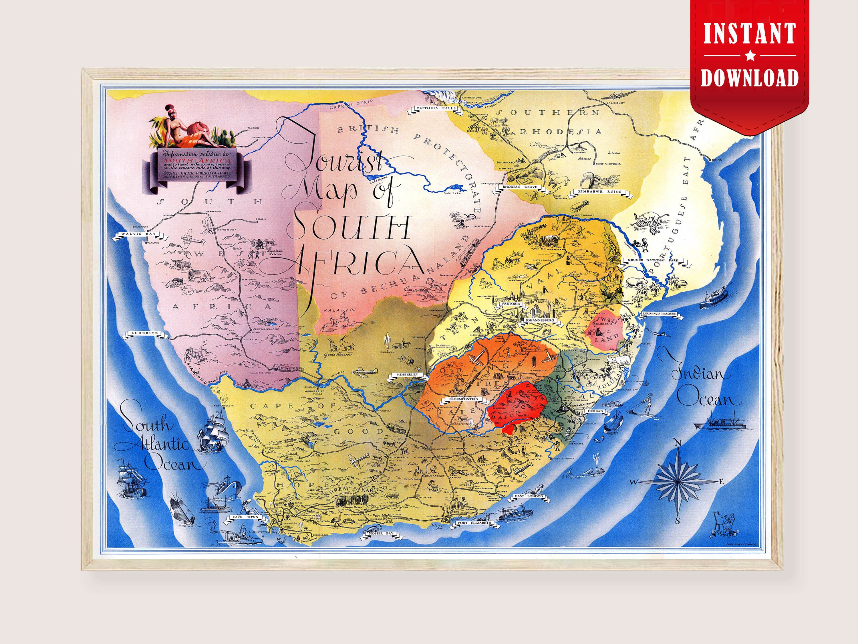 Tourist Map of South Africa Download South Africa Route Map Art Print Digital Pictorial Map