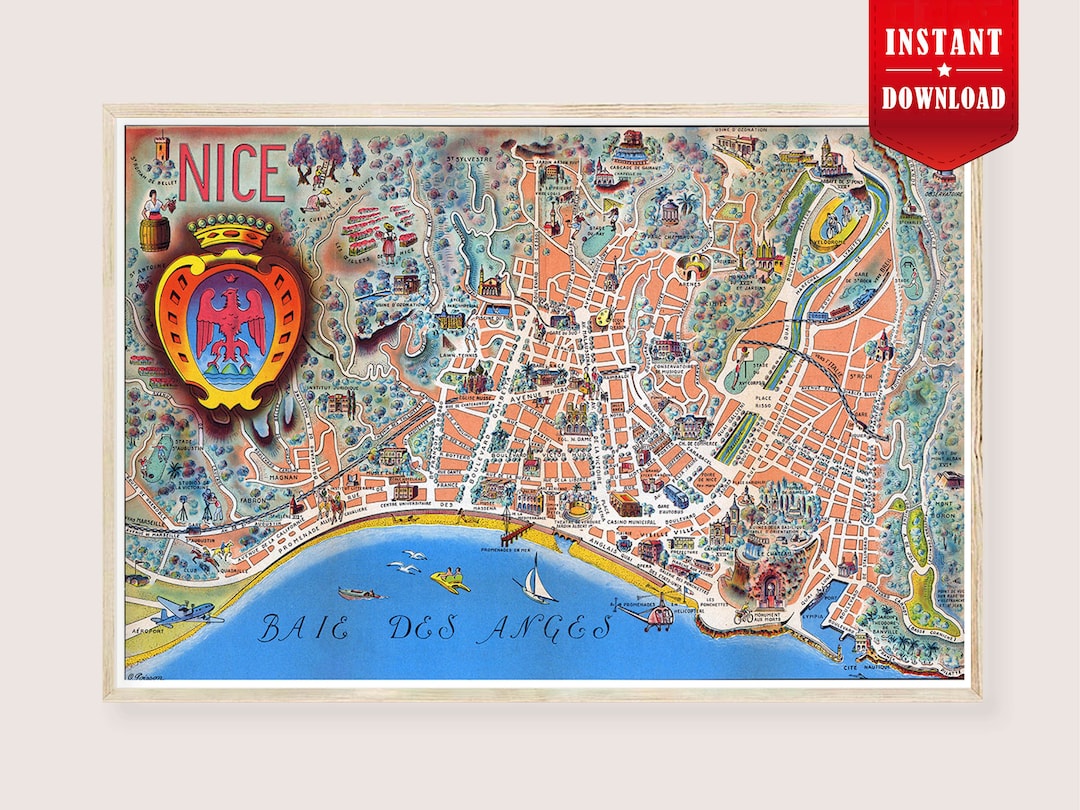 Old Nice Map France Print Digital Illustrated Map France Poster Download, Pictorial Nice City
