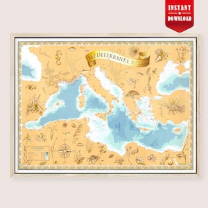 Puede incluir: Un mapa vintage enmarcado del mar Mediterráneo, con ilustraciones detalladas de la vida marina y elementos náuticos. El mapa tiene un fondo beige con áreas de agua azul y un borde decorativo. Una pancarta dice "Mediterranee".