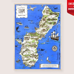 May include: Vintage map of Guam, Mariana Islands, with illustrations of landmarks, ships, and an airplane. The map is in a blue and green color scheme, with the word "Guam" prominently displayed. The map is framed.