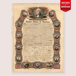 Könnte beinhalten: Ein Druck im Vintage-Stil der Unabhängigkeitserklärung mit einem zentralen Porträt von George Washington, umgeben von verzierten dekorativen Rändern, kreisförmigen historischen Vignetten und zahlreichen handschriftlichen Unterschriften.