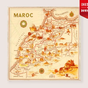 Può includere: Mappa vintage del Marocco con illustrazioni dettagliate di città e punti di riferimento. La mappa è nei toni caldi del beige e del marrone, con la parola "MAROC" in alto. Include il testo "INSTANT DOWNLOAD".
