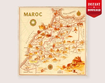Marokko kaart 1950 Art Print digitaal - oude kaart Marokko Afrika poster download geïllustreerde kaart Marokkaanse kunst, vintage Marokko kaart digitale muur decor