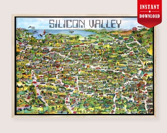 Silicon Valley Map Poster Download - California Illustrated Map Digital, Silicon Valley Map Art Poster Pictorial Map of Silicon Valley print