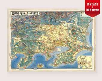 Mapa antiguo de Tokio de la Segunda Guerra Mundial, lámina, arte mural antiguo de Tokio, Japón de antes de la guerra, imprimible, histórico