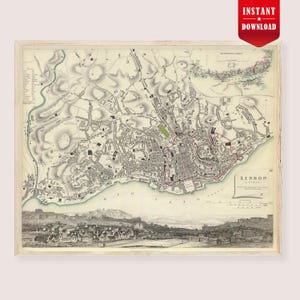 May include: An antique-style map of Lisbon, Portugal, featuring detailed street layouts, topography, and a panoramic view of the city skyline along the Tagus River. The print includes a title box labeled LISBON and a small inset map in the upper right corner.