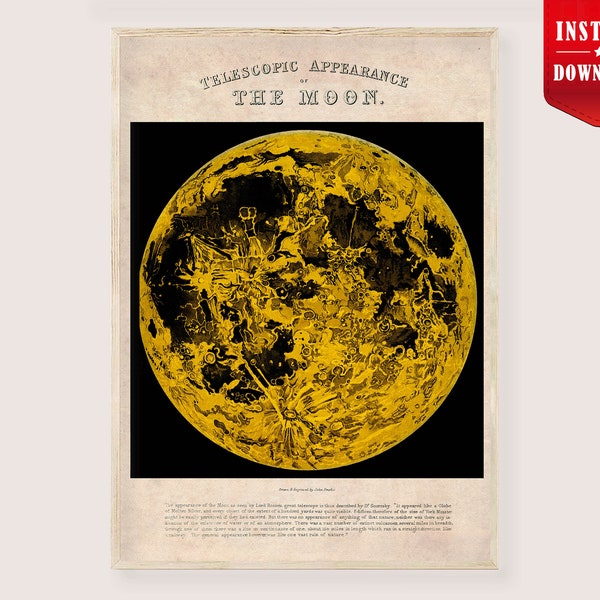 Vintage Moon Map Poster Digital - Antique Moon Print Lunar Map of the Moon Antique Celestial Map of Moon Map Old Illustration Moon Astronomy