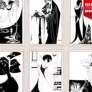 Peut inclure: Ensemble de six estampes Art Déco en noir et blanc, encadrées. Les illustrations présentent des figures stylisées en robes fluides et des poses dramatiques, avec des détails complexes et des contrastes marqués. Prêtes à être accrochées.