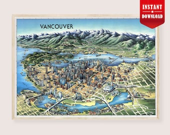 Téléchargement de carte d'art de la ville de Vancouver - grande carte de Vancouver, art déco mural vintage Vancouver Canada, impression de carte numérique Bird Eye Vancouver