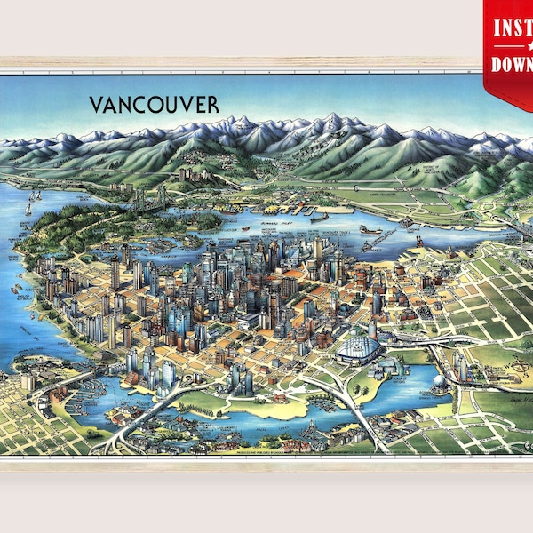 Vancouver City Art Map Download - Large Map of Vancouver Wall Art Decor Vintage Vancouver Canada Map Print Digital Bird Eye Vancouver Poster