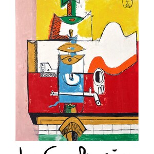 Puede incluir: Pintura abstracta de Le Corbusier, titulada "Nature morte sur un gu&eacute;ridon, 1962". La obra presenta colores llamativos, incluyendo rojo, amarillo, azul y verde. La composici&oacute;n incluye formas geom&eacute;tricas, con la firma del artista en la parte inferior.