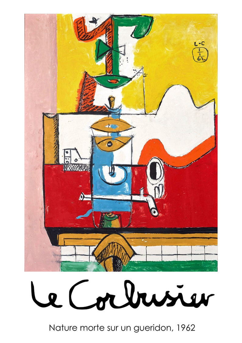 Puede incluir: Pintura abstracta de Le Corbusier, titulada "Nature morte sur un gu&eacute;ridon, 1962". La obra presenta colores llamativos, incluyendo rojo, amarillo, azul y verde. La composici&oacute;n incluye formas geom&eacute;tricas, con la firma del artista en la parte inferior.