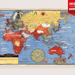 World War 2 Map Download - WW II History Map European Invasion Print Digital WW2 Military Map Pictorial War Map Europe World War 2 Art Print