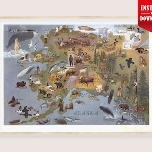 May include: Framed vintage map of Alaska, featuring illustrations of local wildlife and landmarks. The map is in a light color palette with a red "Instant Download" banner in the upper right corner.
