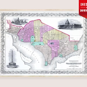 May include: Vintage map print of Georgetown and Washington, D.C., featuring a detailed cartographic illustration with pastel colors. The map includes illustrations of notable buildings and is framed with an ornate border. The words "Instant Download" are in the top right corner.