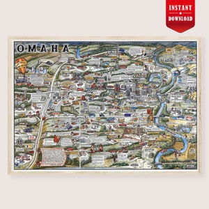 Puede incluir: Un mapa vintage enmarcado de Omaha, Nebraska, con ilustraciones detalladas de puntos de referencia, carreteras y el río Misuri. El mapa está en un estilo ilustrativo colorido, con el nombre de la ciudad en la parte superior. Una pancarta roja con las palabras "Descarga instantánea" está en la esquina superior derecha.