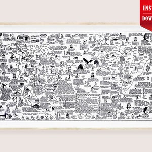 May include: A black and white illustrated map print with a wooden frame. The map is filled with detailed drawings and text, depicting various locations and figures. The top right corner has a red banner that says "INSTANT DOWNLOAD".