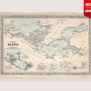 Puede incluir: Un mapa antiguo del Mar Báltico, enmarcado en madera clara. El mapa en blanco y negro muestra costas detalladas, nombres de lugares y el título "Chart Baltic". Incluye una pancarta roja de "Descarga instantánea".