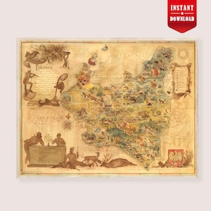 May include: Antique map of Poland with detailed illustrations of animals, people, and landmarks. The map is framed in a light-colored wooden frame. The map has a vintage aesthetic with a sepia tone and intricate details. The top right corner has a red banner with the text "INSTANT DOWNLOAD".
