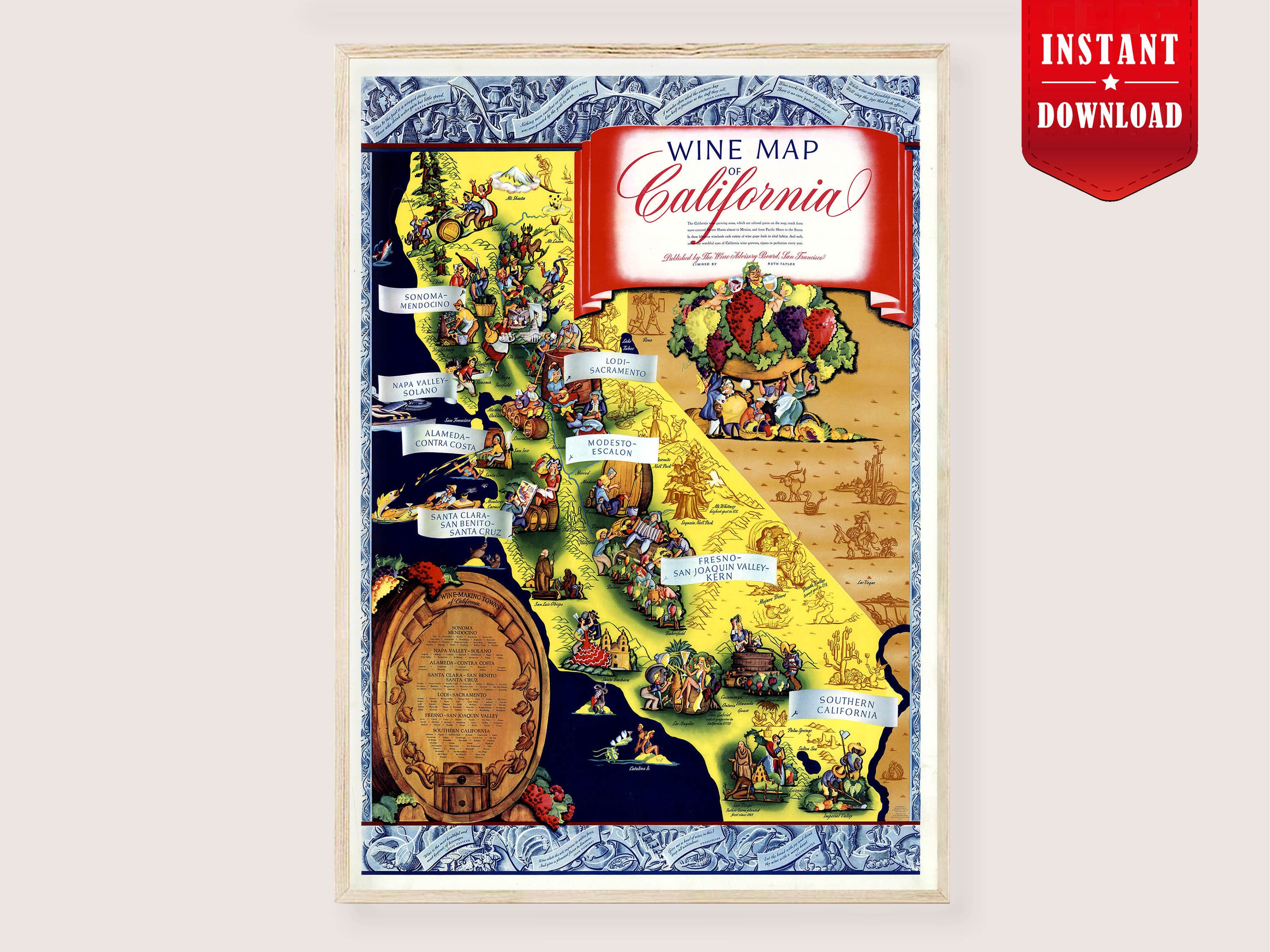 California Map Wine and Food Print Vintage Gastronomic Travel Map ...