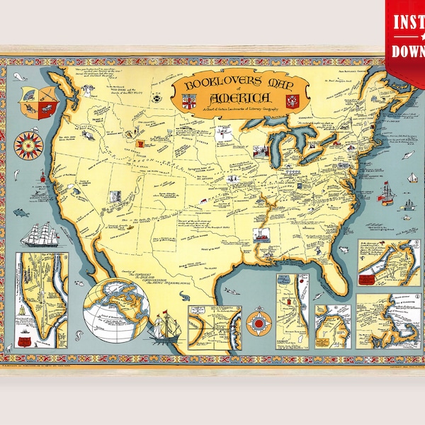 Booklovers Map of America Download - Retro America Pictorial Map USA Literature Poster kids room illustrated map United States Literary art