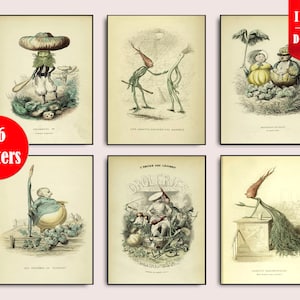 Op de afbeelding: Een verzameling van zes ingelijste vintage botanische kunstprints. De prints tonen grillige illustraties van antropomorfe groenten en planten. De prints zitten in zwarte lijsten en worden weergegeven tegen een lichtroze achtergrond. De woorden "Instant Download" zijn zichtbaar.