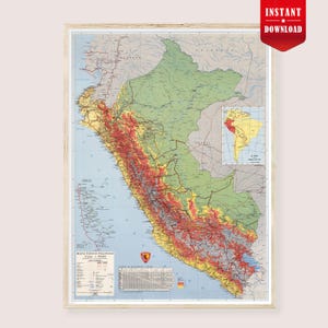 Op de afbeelding: Een ingelijste vintage kaart van Peru, met een gedetailleerd topografisch beeld met een kleurgecodeerd systeem voor hoogte. De kaart bevat een kleinere inzetkaart en tekst in het Spaans. Een rode banner in de rechterbovenhoek luidt "INSTANT DOWNLOAD".