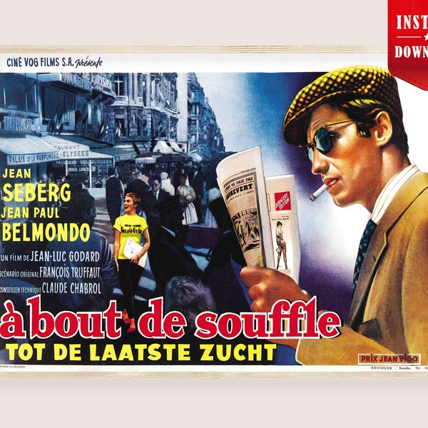 Breathless Movie Posters Digital - A bout de Souffle Movie French Film Godard Original Movie Poster Download Vintage Print Belmondo Wall Art