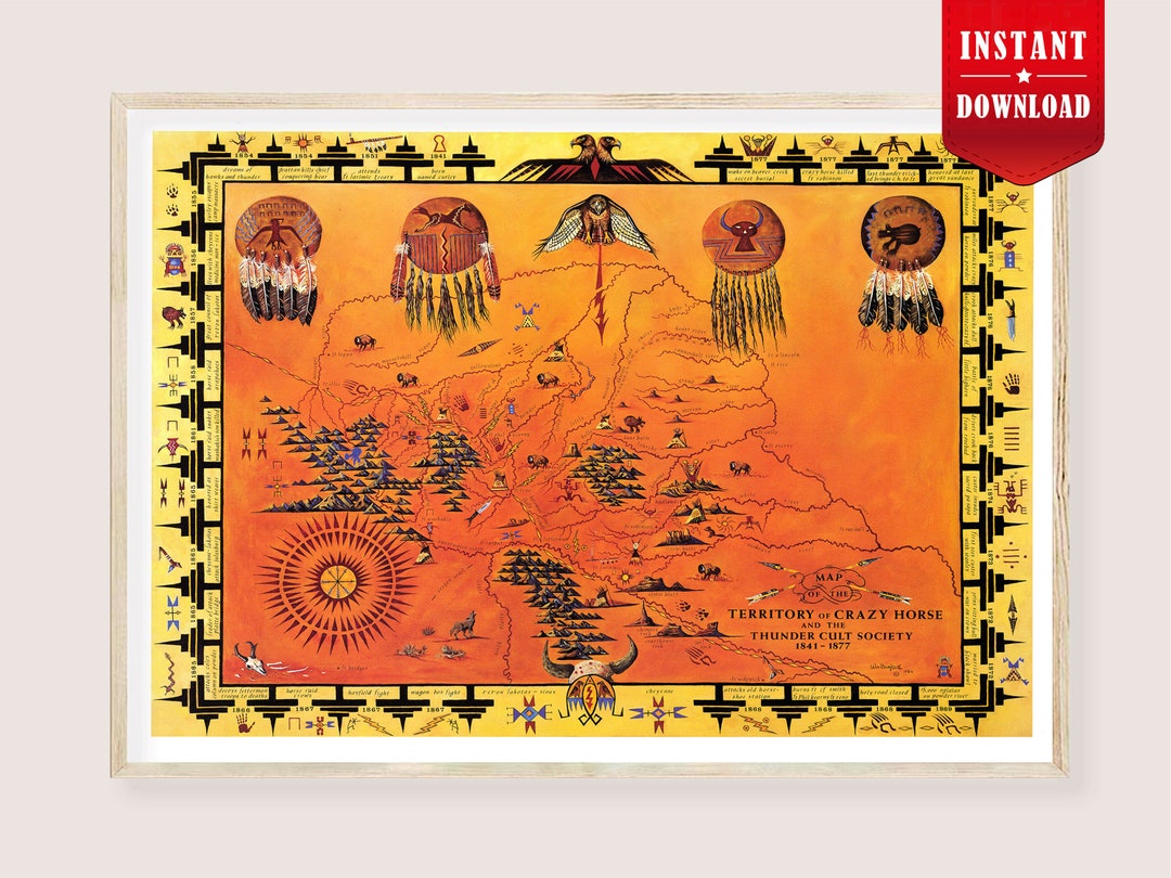 Crazy Horse Territory American Indians Map Download, Lakota Camp Print Vintage Map Indian Tribes